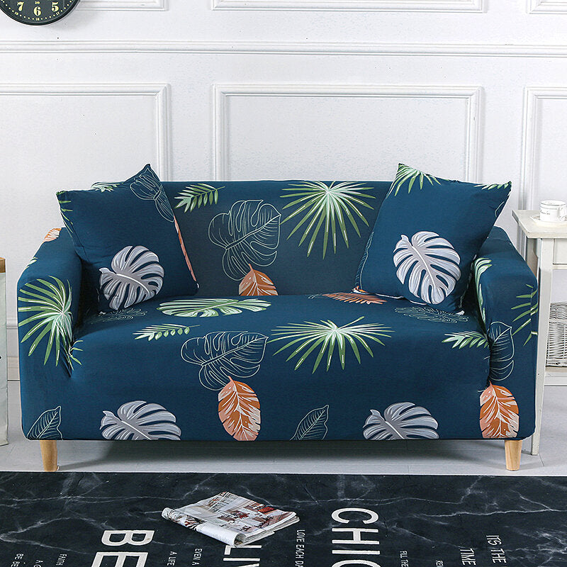 Blue With Green, Orange & Grey Leaves Couch Cover